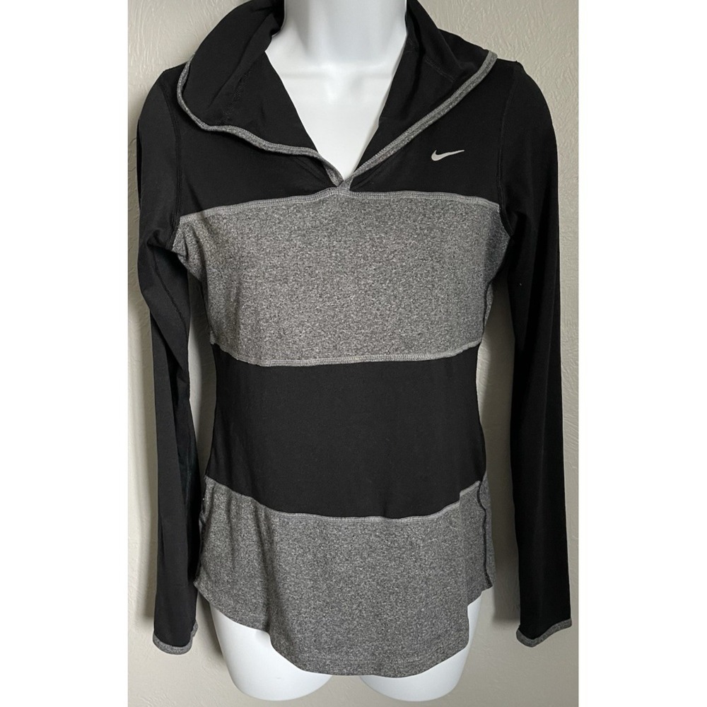 Nike Dri-Fit Hooded Running Black Gray Long Sleeve Top Womens Size Small‎